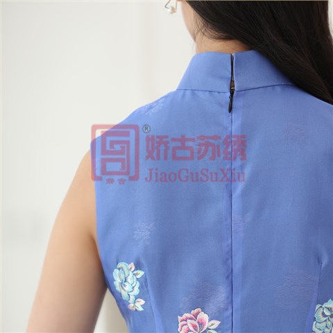 手绣蓝色欧根紗双层立领收腰中式双侧开叉无袖修身带暗花古典唯美中式小礼服
