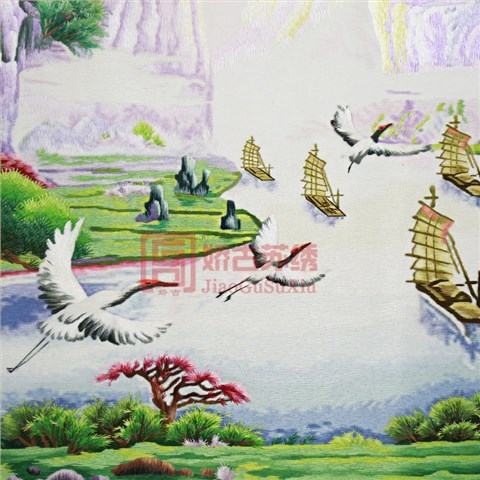 娇古苏绣装饰画|苏州纯手工刺绣画一帆风顺|山水风景迎客松刺绣装饰画