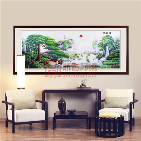 娇古苏绣装饰画|苏州纯手工刺绣画一帆风顺|山水风景迎客松刺绣装饰画