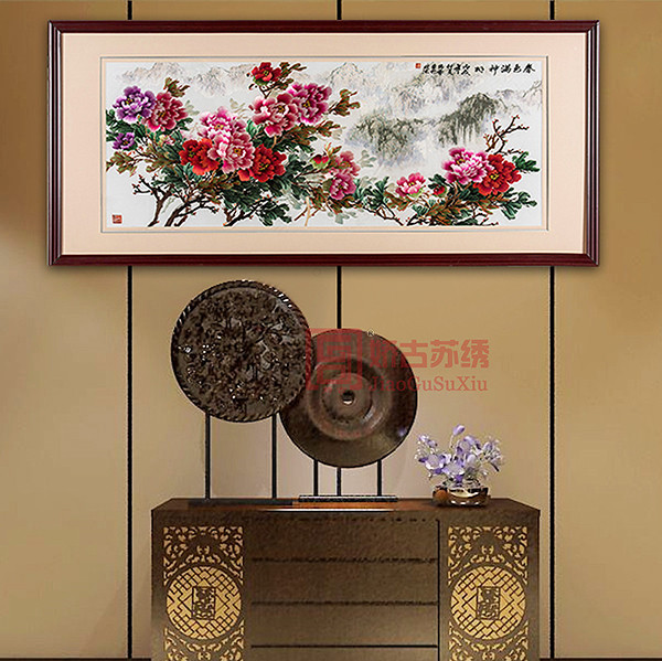 牡丹客厅刺绣画|酒店厅堂手绣壁挂画|会所装饰刺绣品