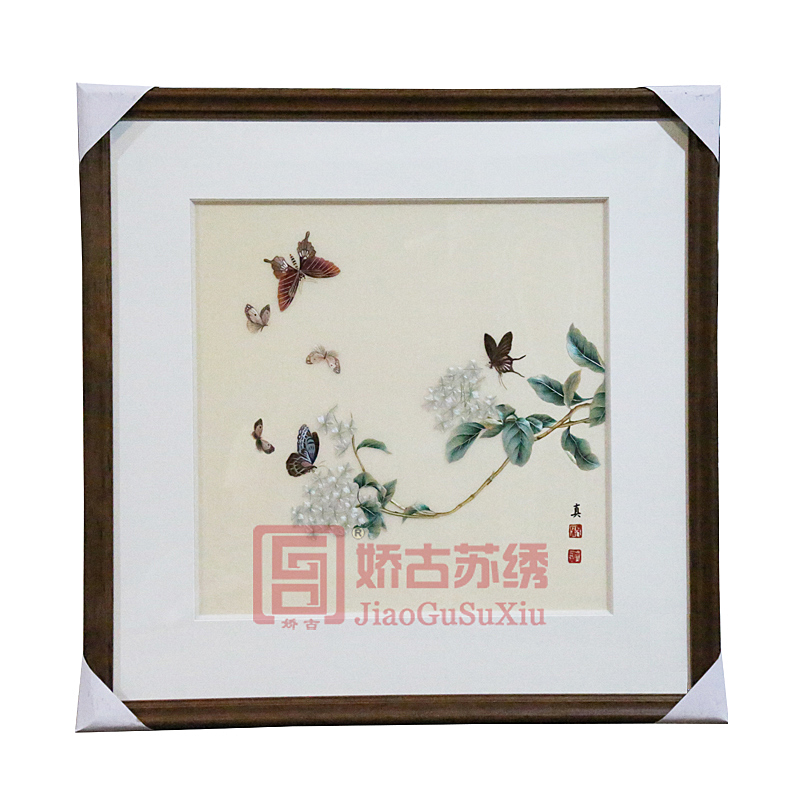 苏绣装饰画|方形手工刺绣蝴蝶花卉系列成品组合挂画|客厅玄关苏绣画